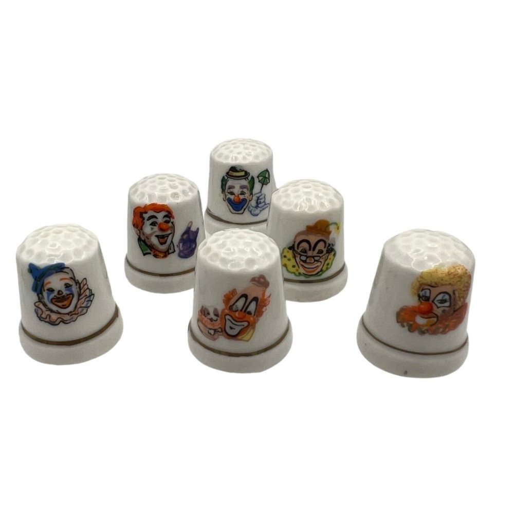 Clown Thimble Bone China Porcelain Lot of 6 Vintage